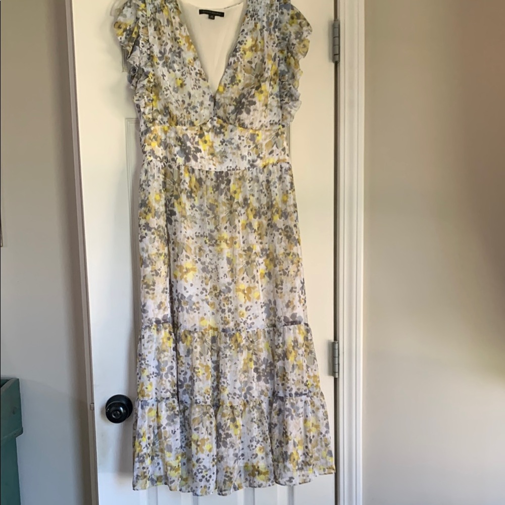 Banana Republic Yellow and Gray Midi Sundress with Flutter Sleeves